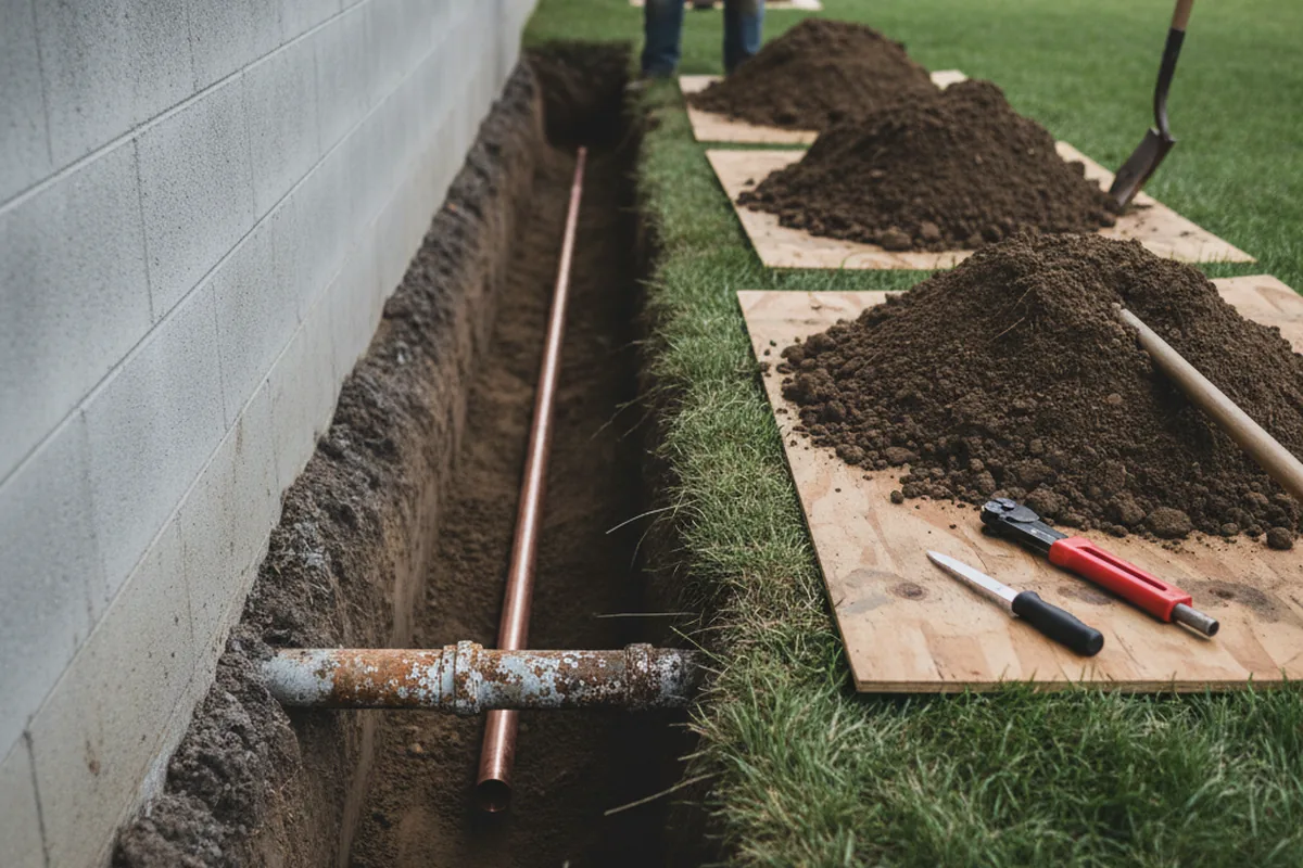 Excavated water line trench during Water Softener Installation in Oak Park